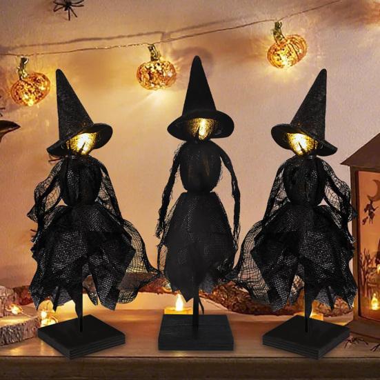 Halloween Witch Decoration Black Witch Ornament with Light-up Face Indoor Primitive Witch Table Centerpiece for Home Shelf Mantels Kitchen Decoration