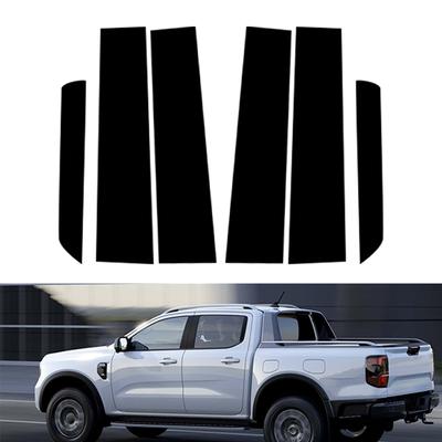 6Pcs Fit For Ford Ranger 2023-2025 Glossy Black PC Material Mirror Effect Car Door Window Center Middle BC Pillar Post Column Cover Trim