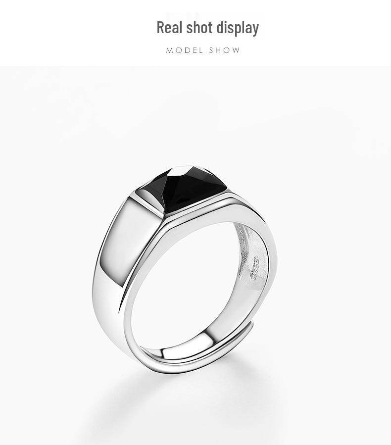 925 Sterling Silver Men's & Women's Open Ring with Black Agate - Elegant and Unique Design