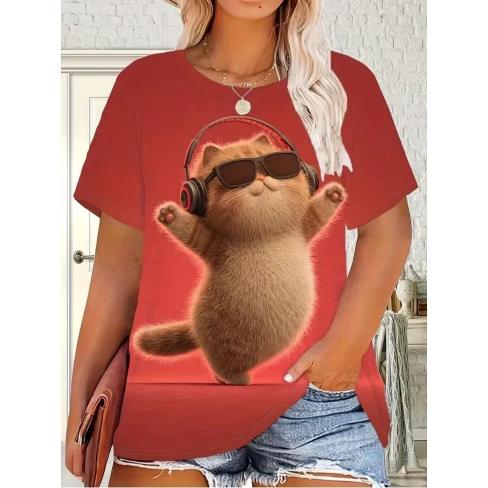 

Summer Women Cat Pattern T-Shirt Fun Animal 3D Printed Short Sleeves Loose O-Neck Breathable T-Shirts 5XL