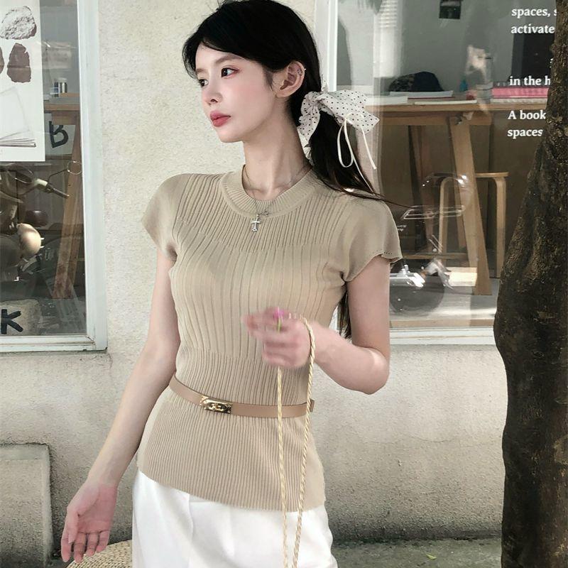 Khaki Small Flying Sleeve T-shirt Women's Summer New Sweet Temperament Slim Slim Niche Sweater Top