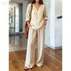 Bohemian Print Cotton and Linen Shirt Long-sleeved Wide-leg Pants Two-piece Set V-neck Vacation Loose Casual Suit Women