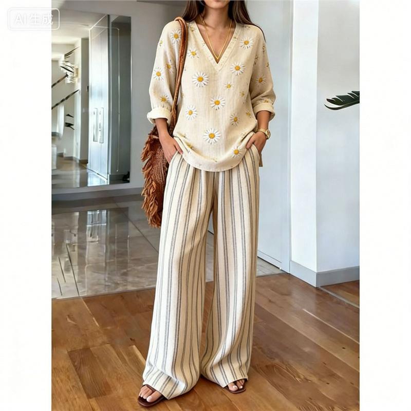 Bohemian Print Cotton and Linen Shirt Long-sleeved Wide-leg Pants Two-piece Set V-neck Vacation Loose Casual Suit Women