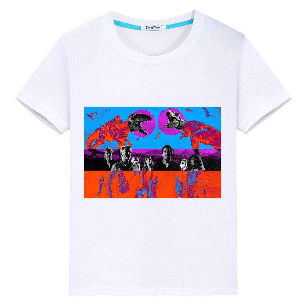 

Летняя футболка из 100% хлопка с динозавром для мальчиков и девочек y2k, цельные футболки с аниме, повседневные короткие топы с принтом, мир Юрского периода Dominio, детская одежда 100 белый