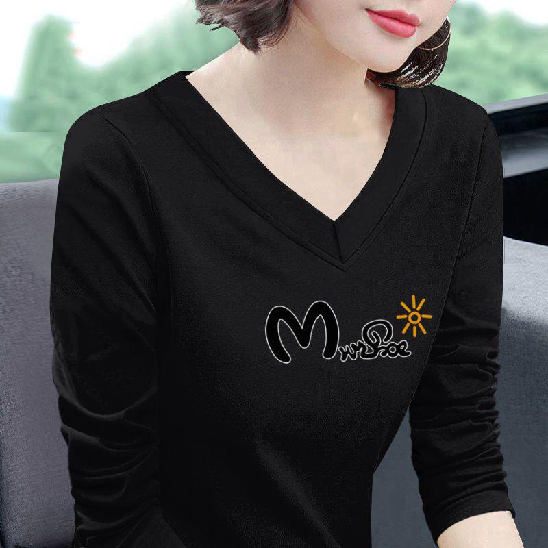 

Women s 100% Cotton V-Neck Long Sleeve T-Shirt - Loose Korean Style with Letter Print for Spring/Autumn Large