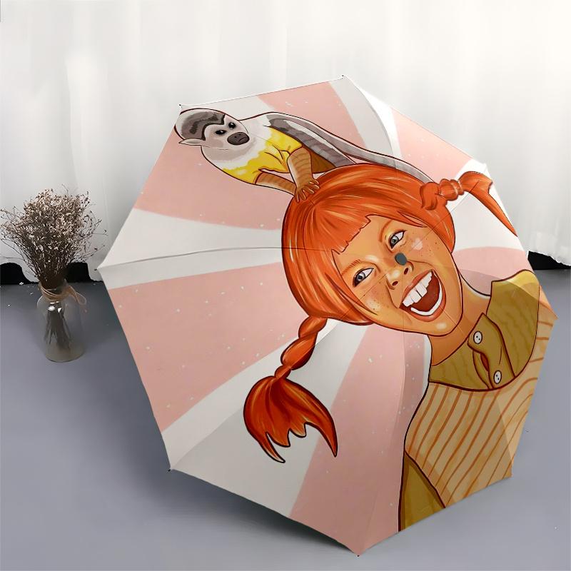 Pippi Longstocking Themed Travel Umbrella-8 Ribs Automatic Opening and Closing, Portable Folding Design, Compact and Stylish Umbrella Suitab