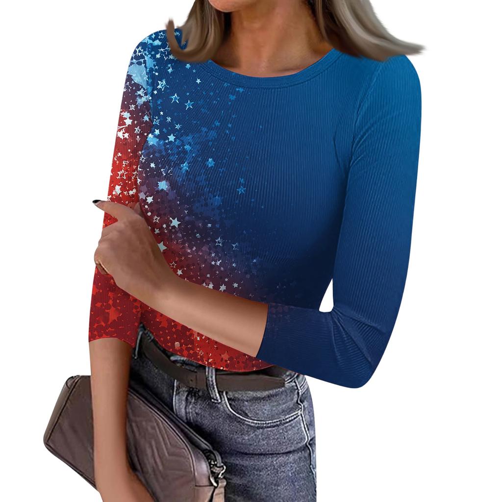 Women's Casual Fashion Round Neck Independence Day Print Three-Quarter Sleeve Ribbed Top