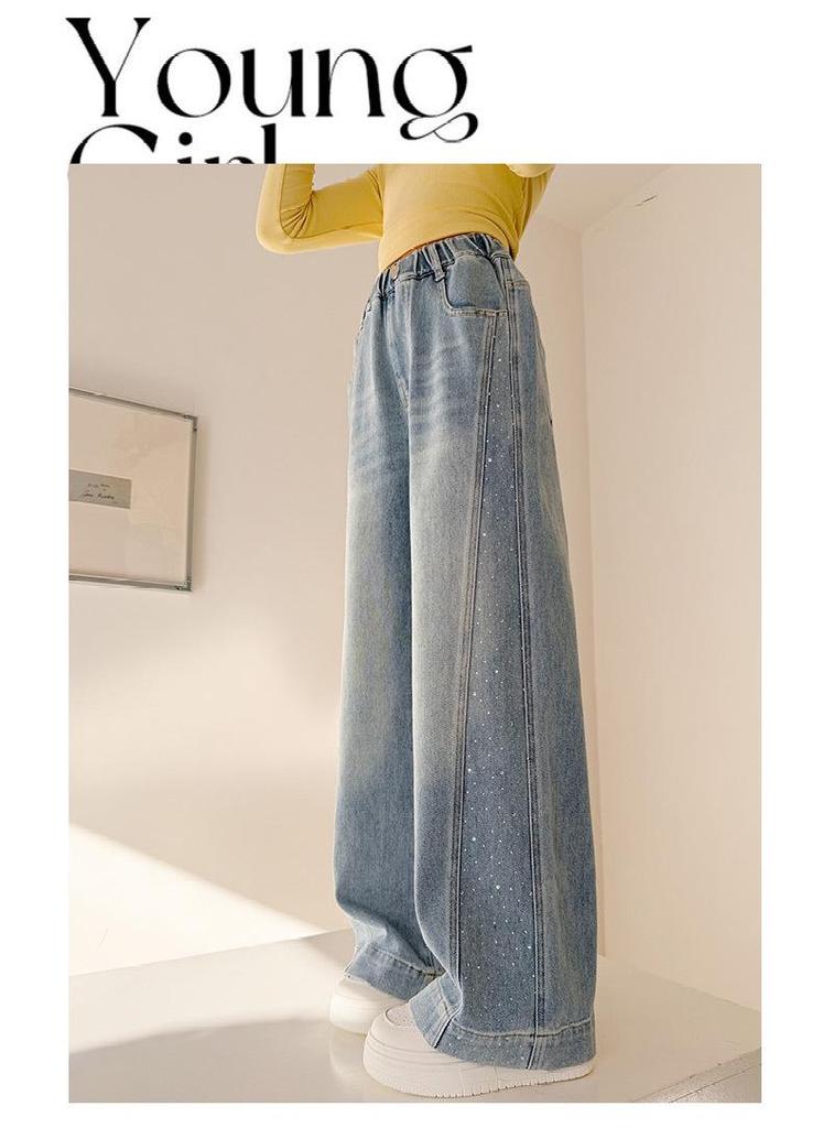 Girls' Rhinestone Straight-Leg Wide Jeans - Versatile Spring and Autumn Fashion 2026