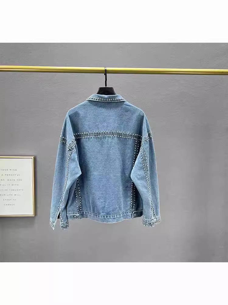 Women's European Style Blue Denim Jacket with Bead and Diamond Inlay, Loose Fit