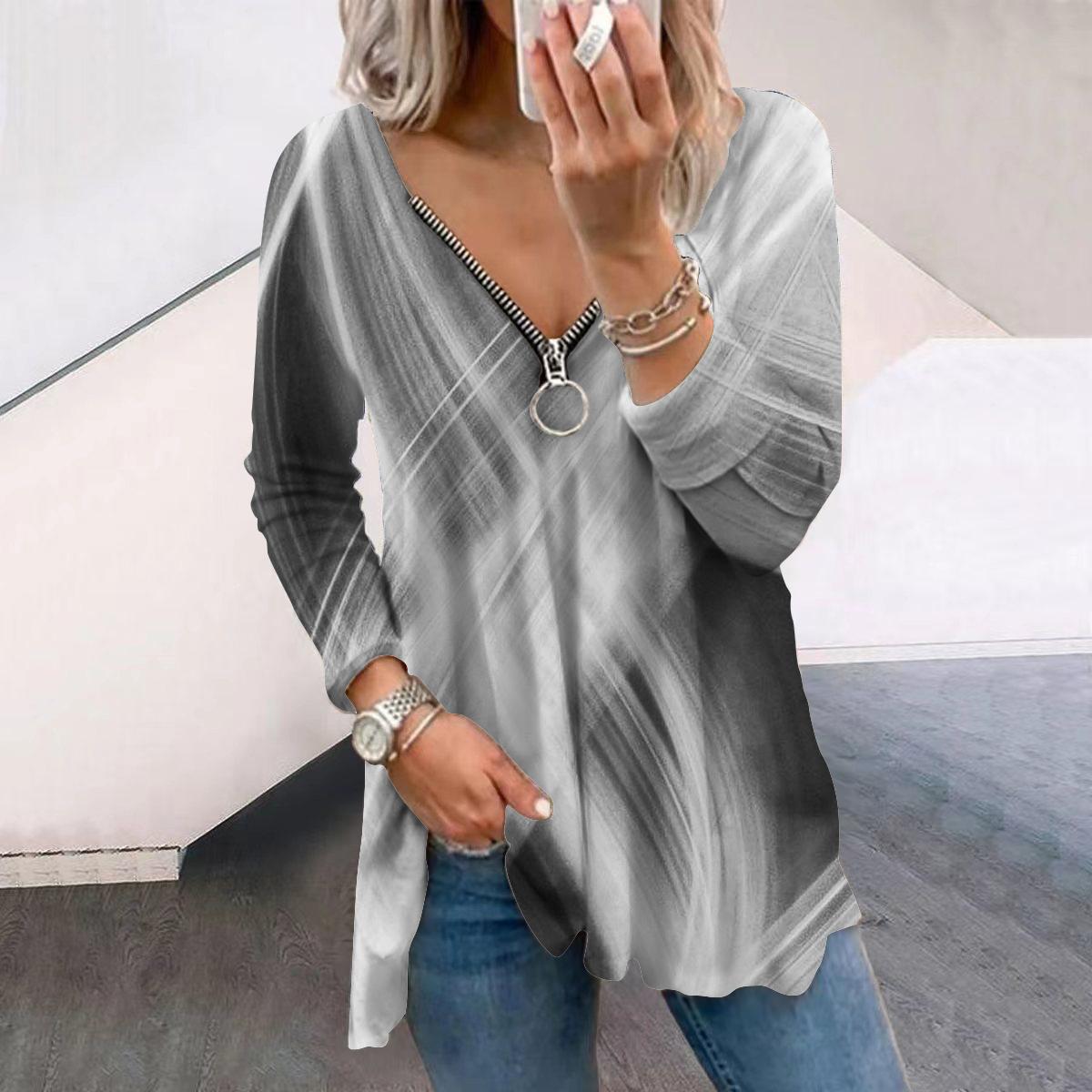 

Женские осенние футболки с длинным рукавом и принтом в виде разноцветных пересекающихся линий, свободные футболки больших размеров с V-образным вырезом, удобные блузки 8XL серый