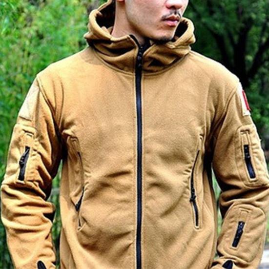 Men Jacket Solid Color Hooded Long Sleeve Fleece Slim Multi Pockets Windproof Hoodie for Outdoor