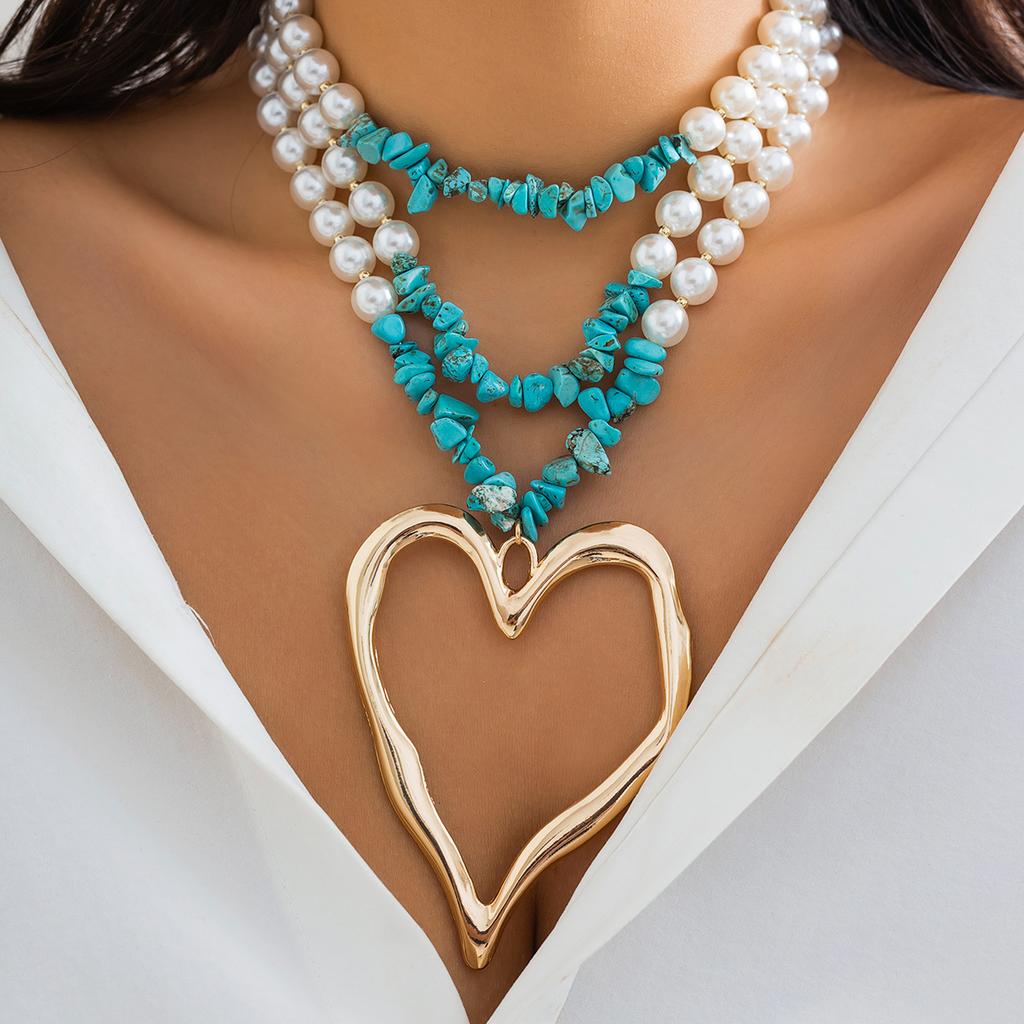 IngeSight.Z Exaggerated Multi-layer Imitation Pearl Large Peach Heart Pendant Necklace Women Bohemian Colored Stone Choker Neck