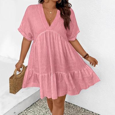 2025 New Women's Summer Casual Deep V-Neck Short Sleeve Loose Dress