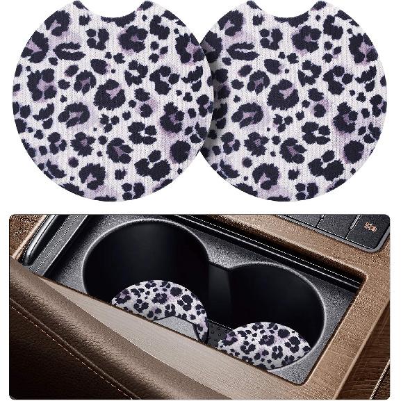 tifanso Car Cup Drink Holder Coaster, 2 Pack Car Coasters for Cup Holders, Cute Vehicle Accessories for Women and Girl (Leopard)