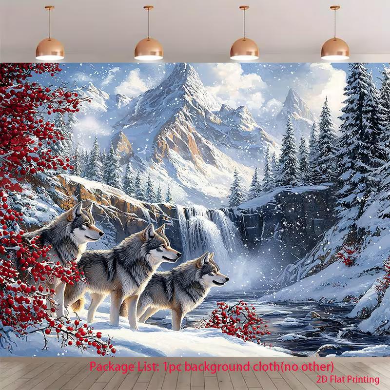 2D Snowfall Wild Wolf Winter Forest Backdrop Wildlife Nature Decor Background Cloth