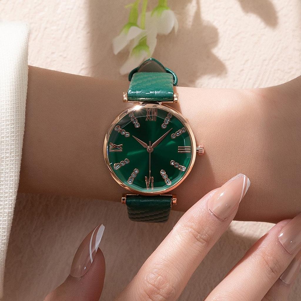 Luxury Watches Ladies Diamond Roman Design Lady Watches Dress Quartz Watch Fashion Green Leather Strap Women Wristwatches