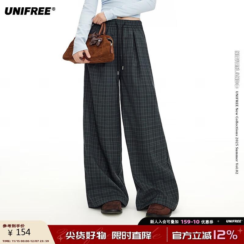 

UNIFREE Vintage Plaid Loose Wide-Leg Casual Trousers