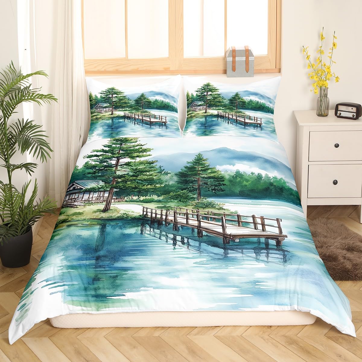 

Lake Duvet Cover Sets for Kids Teens Queen Quilt Covers Lightweight Down Bedroom Decor 2 Pillowcases 1 Duvet Cover No Comforter (135x200cm)