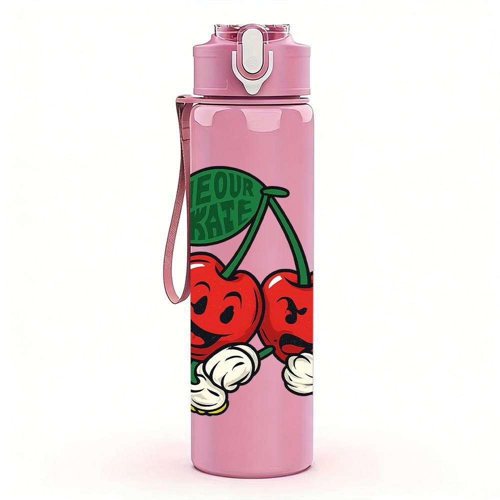 1PC Cherry Fruit Berry Design 750ml Color Plastic Sports Water Bottle Leakproof Flip Straw Lid Suitable for Sports Office Home Use