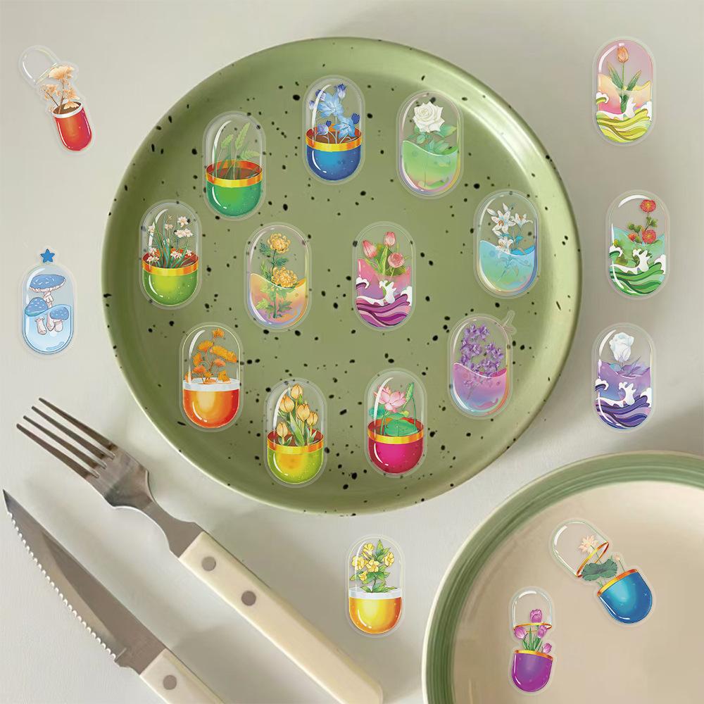 50 Transparent Cartoon Capsule Flower Sticker Pack Waterproof PET Manual Material Decorative Guitar Notebook