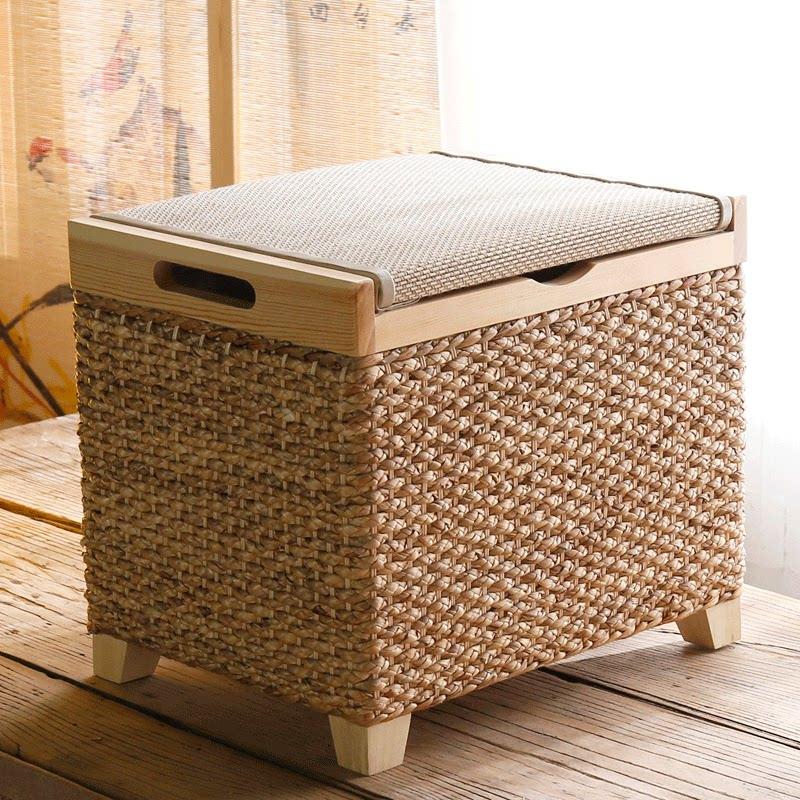 Nordic Rattan Storage Stool, Bench with Storage for Entryway, Footrest Ottoman for Living Room Bedroom, Multi-Functional Seating