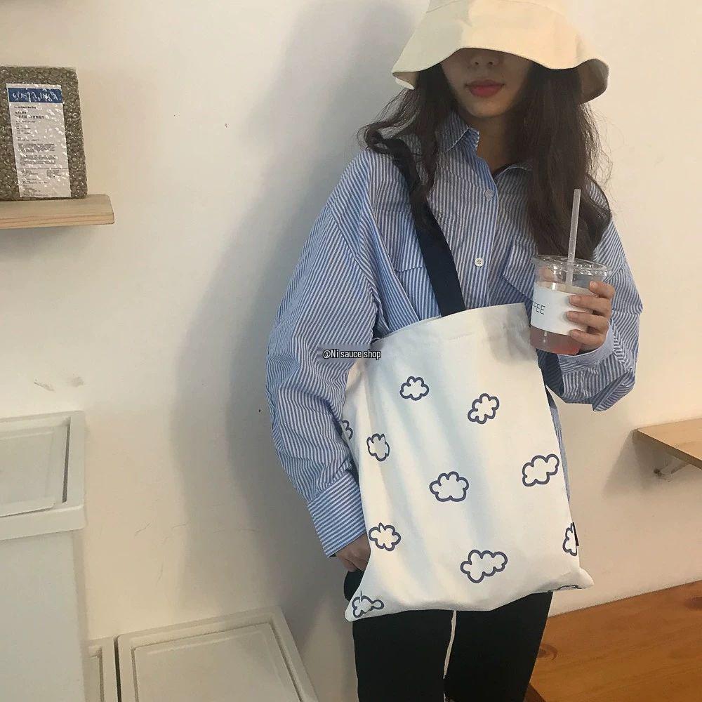 2025 Korean Style Heart Cloud Polka Dot Canvas Tote for Women