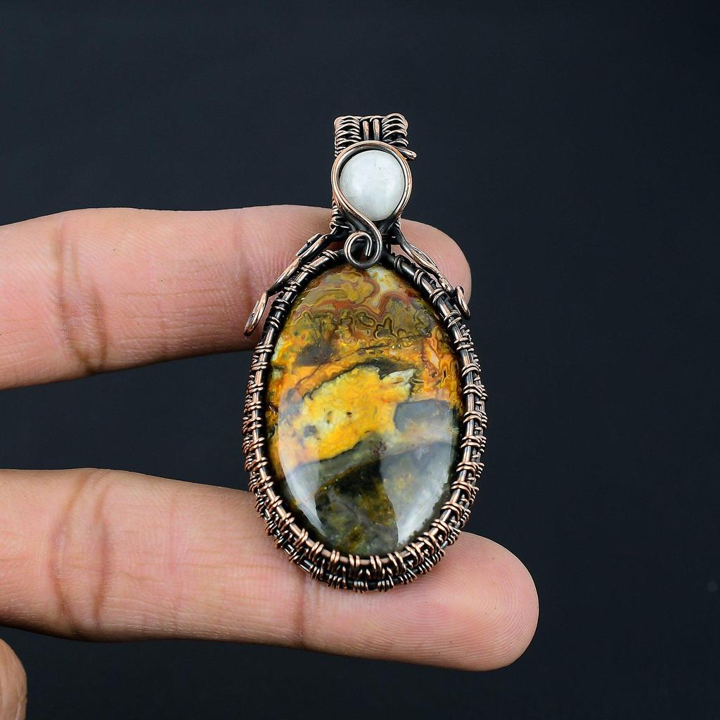 Crazy Lace Agate & Moonstone Gemstone Handmade Pure Copper Wire Wrap Jewelry Pendant For Women