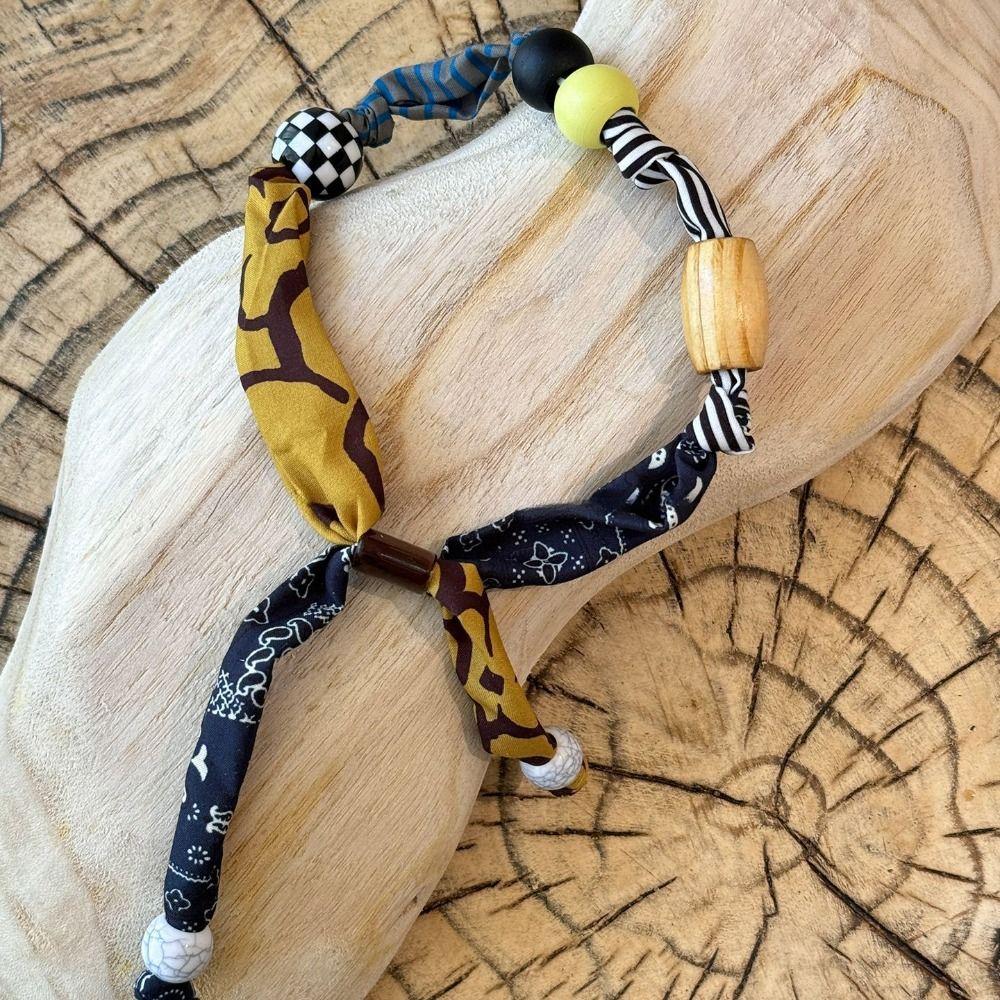 Multicolor Wood Bead Necklace Clavicle Chain Bohemian Choker Patchwork Cloth Chain Necklace  Girls