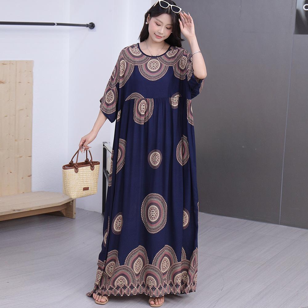 South East Asia 100kg super fat dress fat girl plus short sleeve maternity dress loose floral beach long skirt