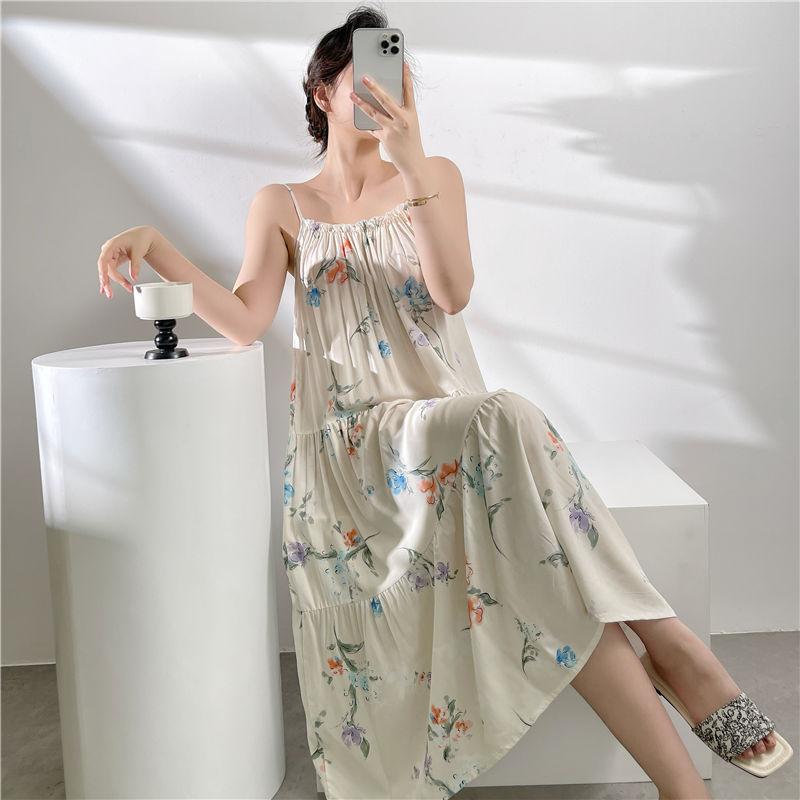 New Cotton and Silk Solid Color Suspender Nightdress Women's Spring and Summer Sexy High-end Suspender Skirt Cotton and Silk Can Be Worn Outside Dress