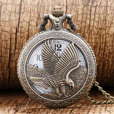 Bronze Hollow Eagle Carved Quartz Pocket Watch Pendant Necklace Holiday Gift for Men and Women