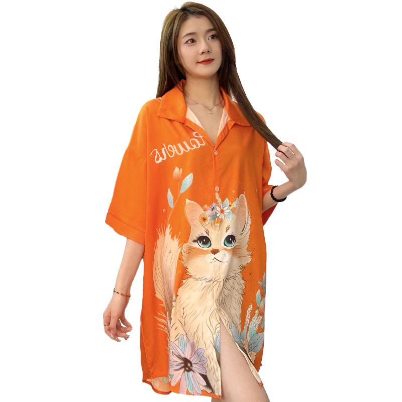 Cămașă Mânecă Scurtă Cămașă de Noapte Sexy pentru Femei de Lungime Medie pentru Acasă cu Imprimeu Pisică