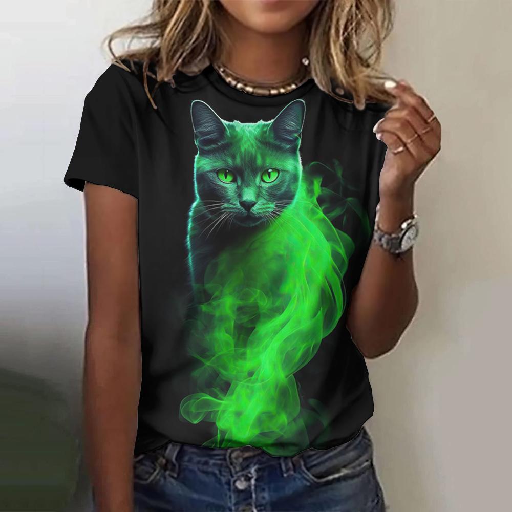 Cool Animal Women's Short Sleeve Round Neck T-Shirt Summer Outdoor Casual Tops Cat Printed