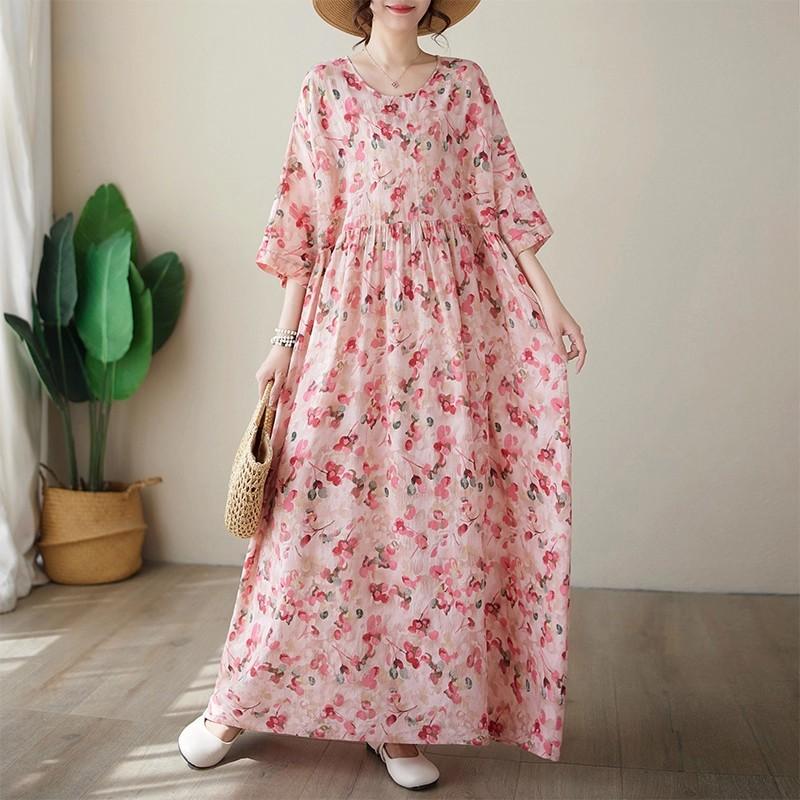 Sweet bohemian pink five-quarter sleeve floral crew neck dress women's summer loose waist thin A-shaped long dress