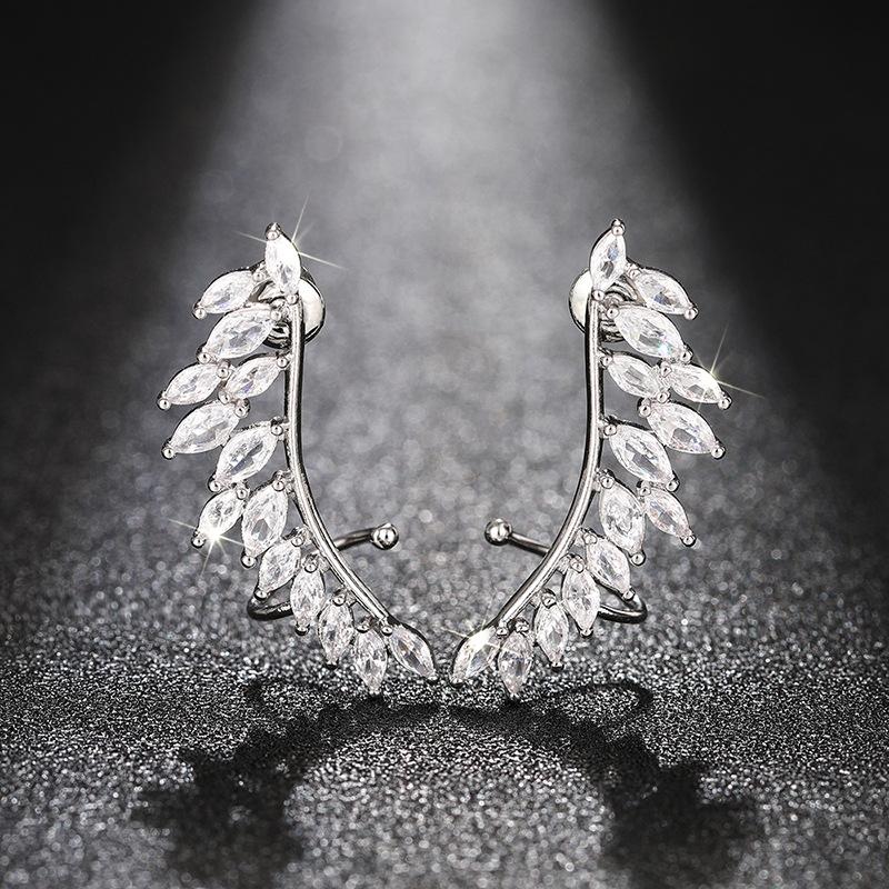 Direct supply of horse eye zircon leaf stud earrings, personalized wing shape ear bone clips, niche design versatile earrings