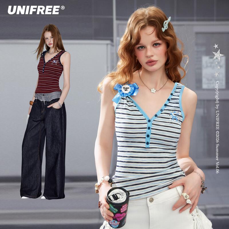UNIFREE Retro Color-block Striped V-Neck Slim-Fit Tank Top with Badge S белый