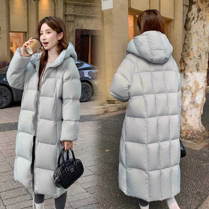 Down Cotton Clothes Women's Long Over-knee Cocoon Simple Hooded Buds Loose Coat Cloud Puffs
