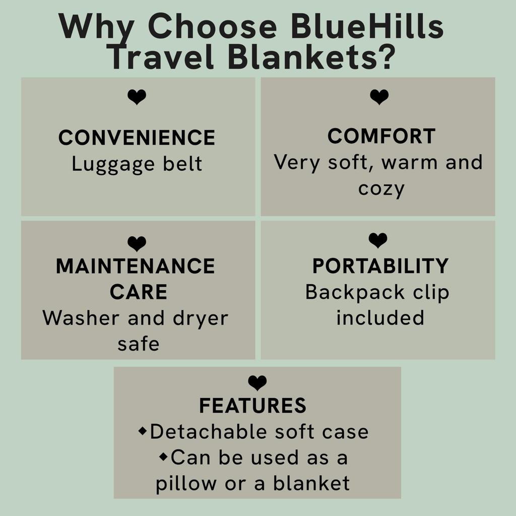 BlueHills Premium Soft Travel Blanket and Pillowcase for Flight Throw and Compact Large Warm Travel Airplane Portable Gray Airplanes, Blanket, Bag,