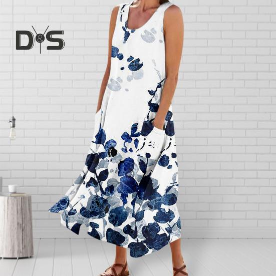 

Женское платье макси с v-образным вырезом, винтажное женское длинное платье с накладными карманами и принтом, с открытой спиной и без рукавов, с большим подолом XL темно-синий