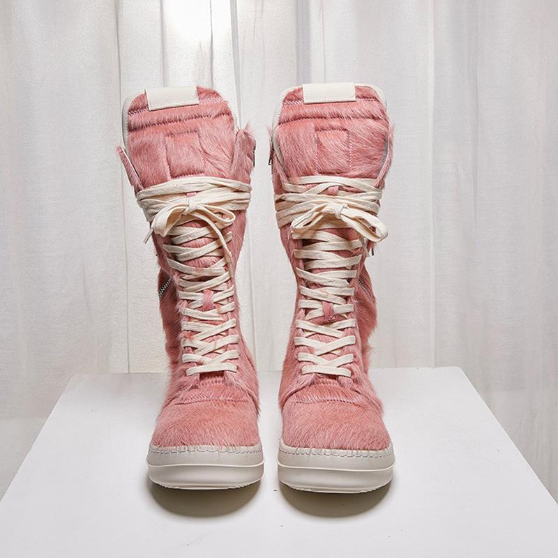 Couple Style Leisure Thick Bottomed Boots Shoes Luxury Horsehair Genuine Leather High Top Zippers Lace Up High Street Sneakers