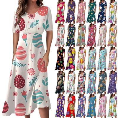 Ladies Casual Fashion Easter Print V-Neck Short Sleeve Waist Long Swing Dress