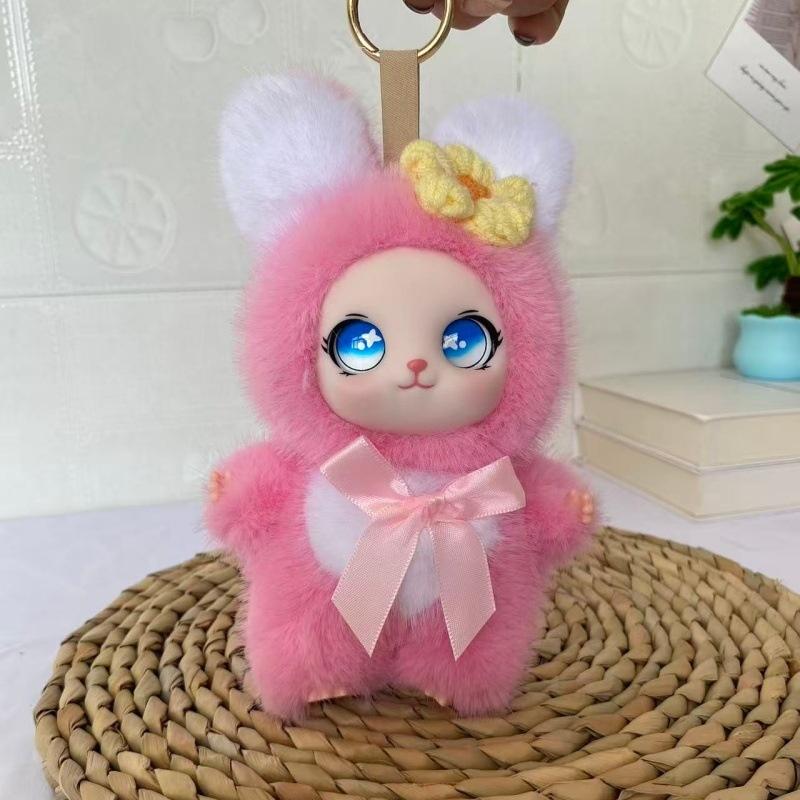 Soft Kawaii Plush Bunny Pendant with Knitted Flower Bow Fashion Bag Charm for Girls Birthday Gift Schoolbag Decor