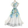 Vacation style V-neck lace-up waist printed dress women's summer new lotus leaf sleeves slim temperament commuter dress