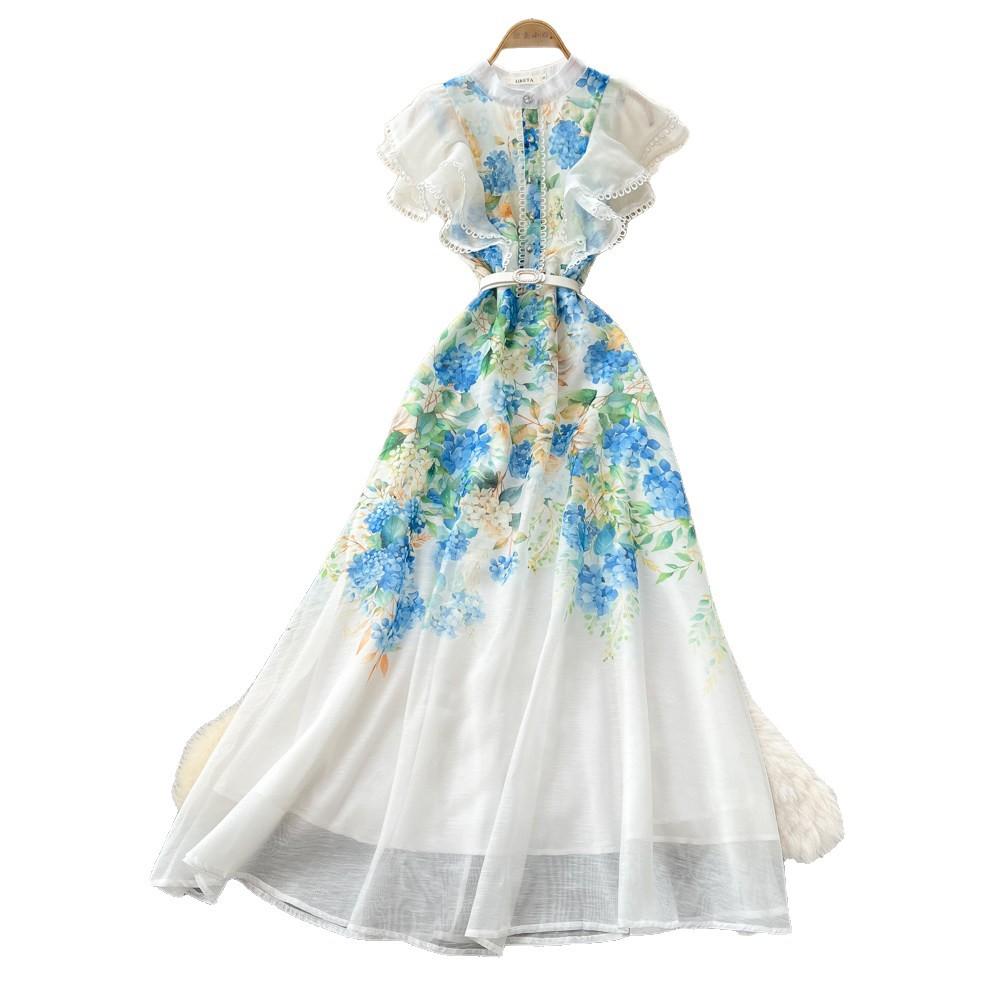 Vacation style V-neck lace-up waist printed dress women's summer new lotus leaf sleeves slim temperament commuter dress