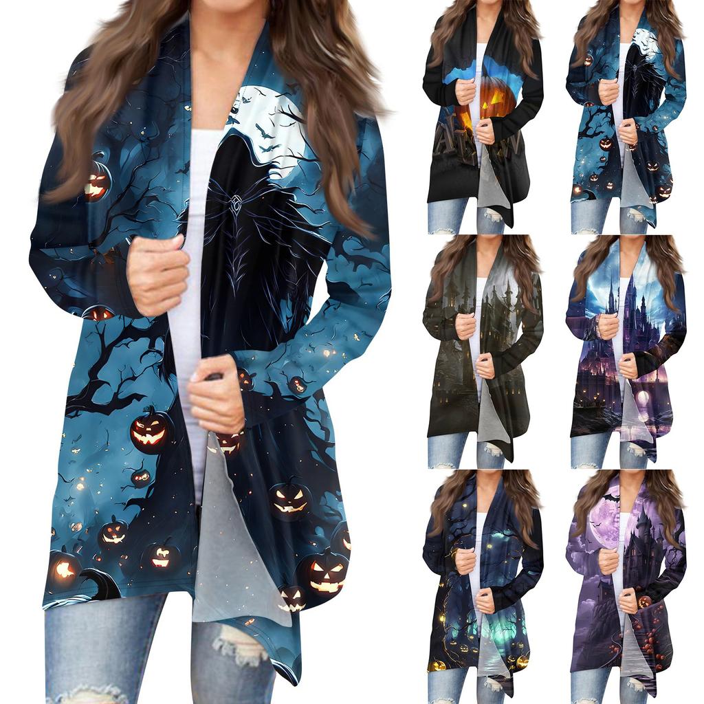 Women's Fashion Casual Halloween Print Medium Length Cardigan Jacket Coat