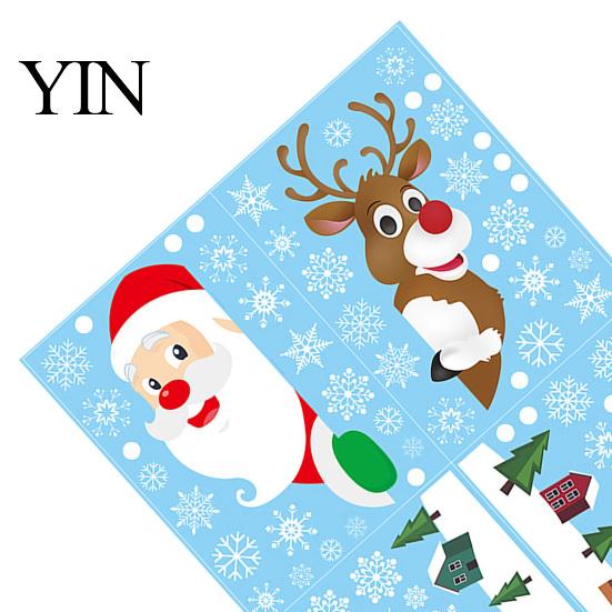 Christmas Window Decals 4Pcs Santa Claus & Reindeer Static Clings with Snowflake, PVC Removable Decals, Cling Snowflakes Reusable Glass Stickers