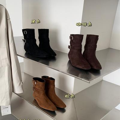 Dicker Absatz runde Spitze Wildleder mittelhohe Stiefel Damen 2025 Herbst und Winter neue Modestiefel zwei Tragemöglichkeiten Damenstiefel Retro Gürtelschnalle Kurzstiefel