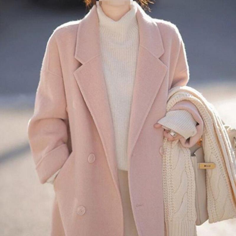 

Pink Double-sided Woolen Coat Autumn and Winter New Korean Style Loose Mid-length Woolen Coat for Women XL