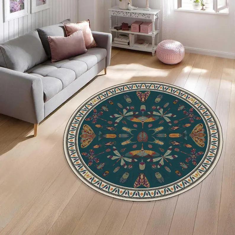 Dark Blue Cute White Cat Floral Round Rug Non Slip Washable Mat For Kids Bedroom