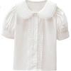 LUOBOBEIBEI Girls' White Blouse with Lace Trim, Versatile Japanese-Style Sweet Doll Collar Short-Sleeve Top, White, Size 130